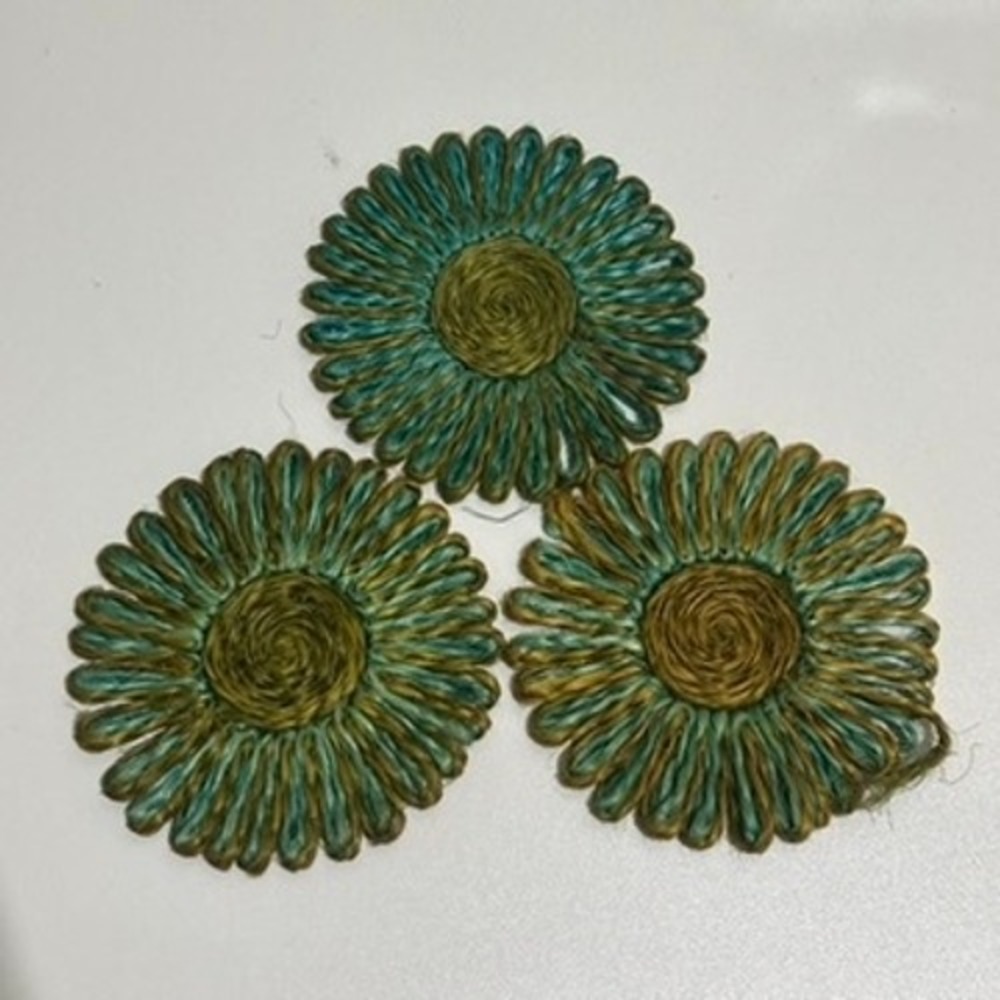 Set of 3 Handmade Woven Flower Coasters Teal Gold Rustic